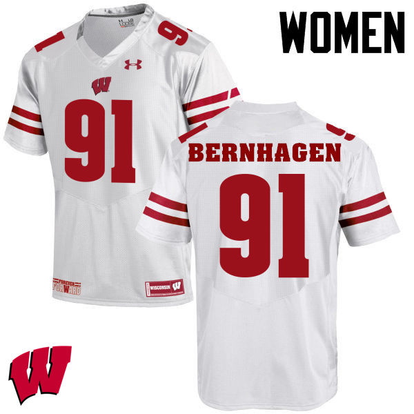 Women Winsconsin Badgers #91 Josh Bernhagen College Football Jerseys-White